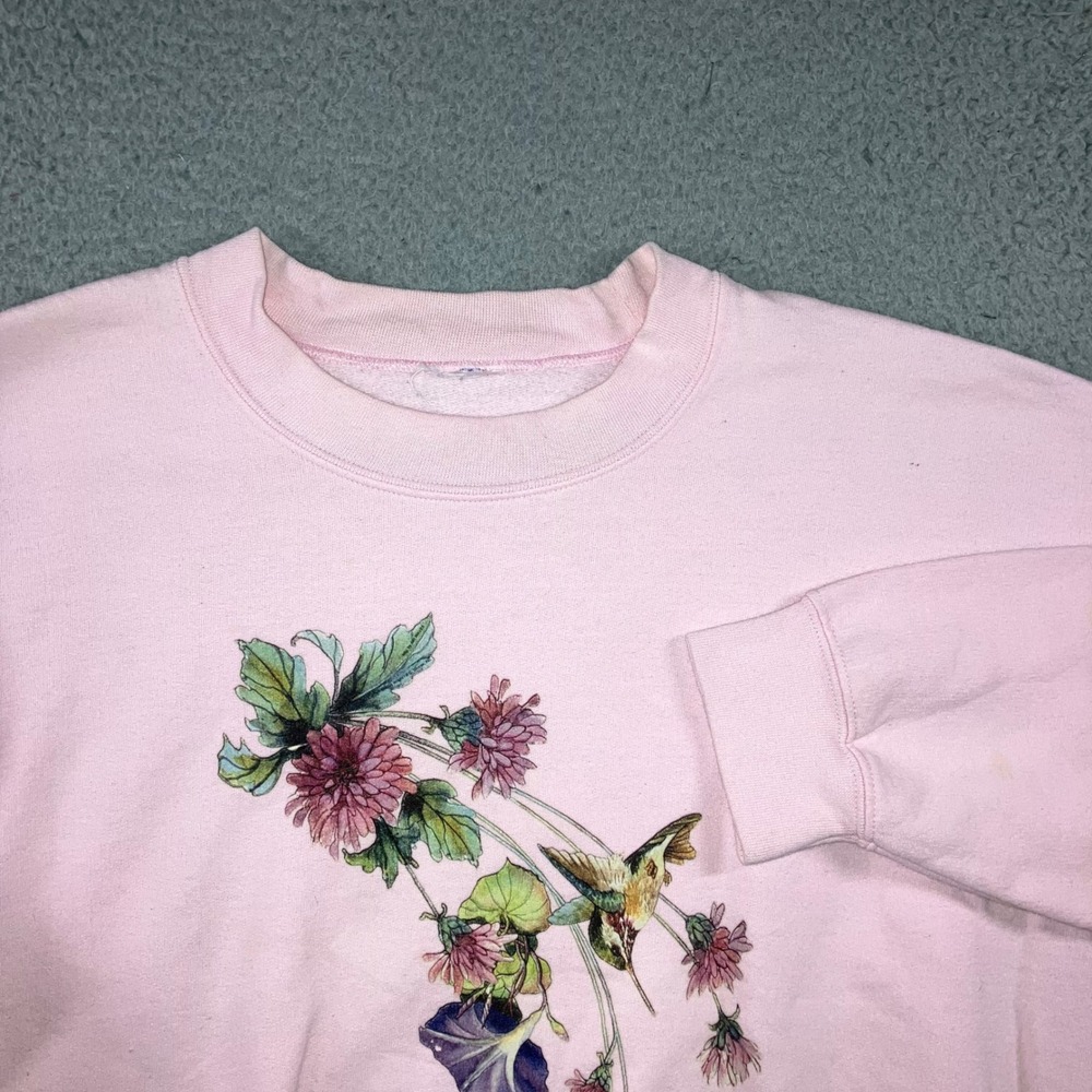 Vintage 90s Hummingbird Floral Sweatshirt XL Pink Grandma Cottagecore Crewneck